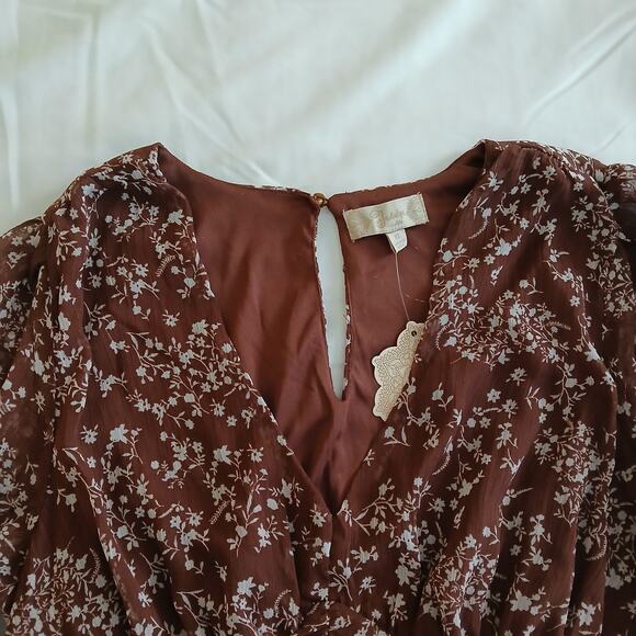 Indulge Instyle Dress Womens XL Brown A-line Floral Long Sleeve Chiffon Coquette - Picture 4 of 16
